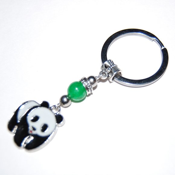 Panda Keychain,Green Jade Bead,Panda Bear Keychain,Wildlife Animal Keyring - Picture 1 of 2